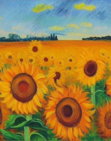 The oil painting of sunflowers in the field