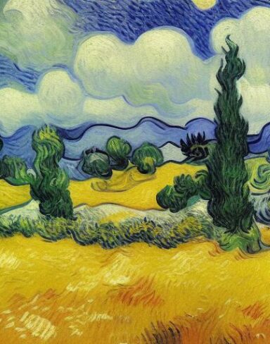 The painting of a wheatfield with cypress trees and blue sky