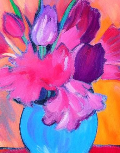 The painting of several pink flowers in a vase