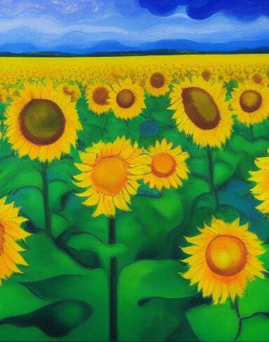 The painting of sunflowers in a field