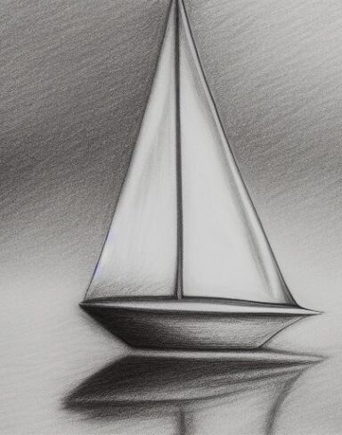 The pencil drawing of a sailboat in the water