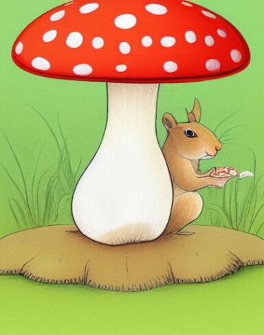 The squirrels near a mushroom