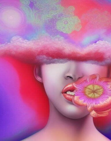The woman holding a laughing flower in a close-up psychedelic artwork