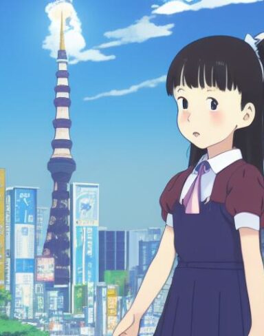 This stunning anime portrait from Studio Ghibli captures a school girl in front of the vibrant Tokyo cityscape in an ultra wide-angle shot. The school girl stands tall in the center