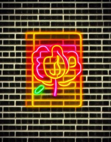 Yellow flower neon sign on a brick wall