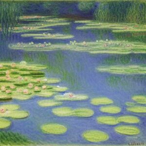 A placid painting of a pond filled with water lilies
