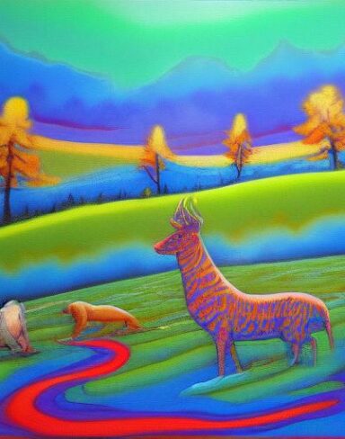 A art painting of some animals in the field