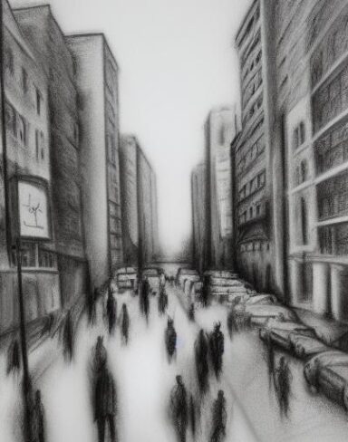 A black and white Charcoal drawing of a city street