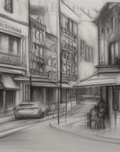 A black and white Charcoal drawing of a city street with restaurant and bar