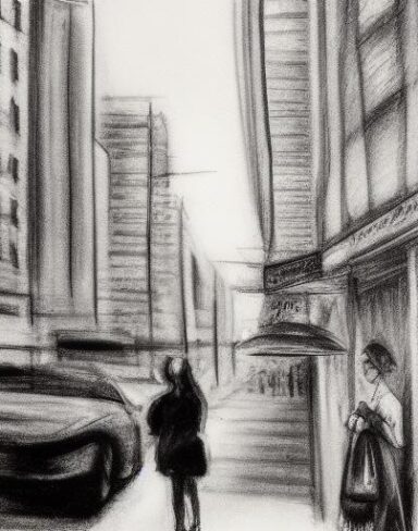 A black and white Charcoal drawing of a city street with restaurant and bar and a woman standing at sideway