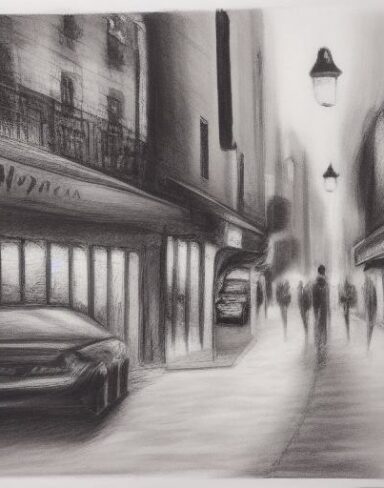 A black and white Charcoal drawing of a city street with restaurant and bar at night time
