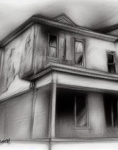 A black and white charcoal drawing of the house
