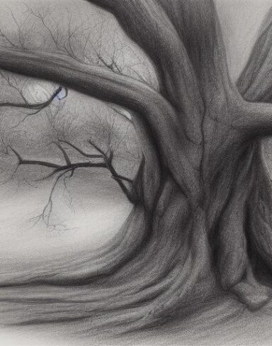 A black and white charcoal drawing of the tree