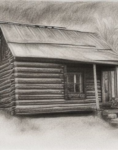 A black and white drawing of a cabin