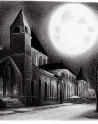 A black and white drawing of a city and church at night with full moon