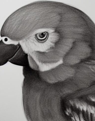 A black and white drawing of a cute parrot