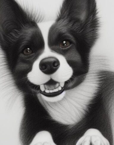 A black and white drawing of a dog playing around