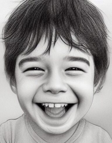 A black and white drawing of a joyful boy