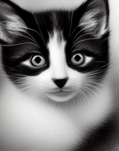 A black and white drawing of a kitten