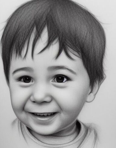 A black and white drawing of a smiling little boy