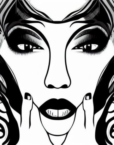 A black and white drawing of a woman’s face