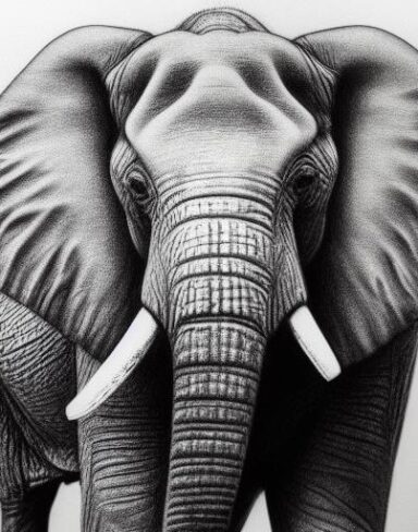 A black and white drawing of an elephant