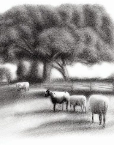 A black and white drawing of farm animals in the farm with trees