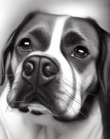 A black and white drawing of one dog