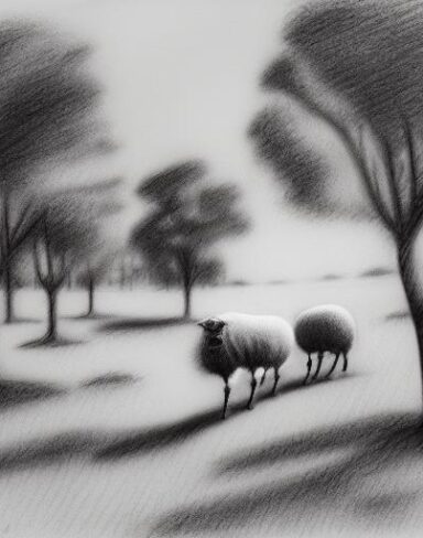 A black and white drawing of sheep and trees in the landscape