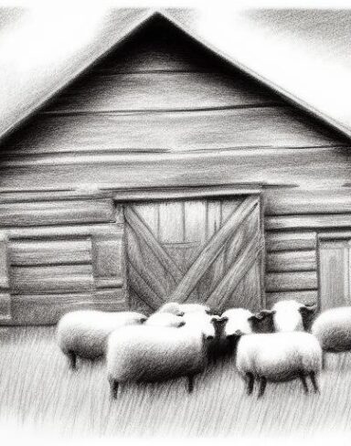 A black and white drawing of sheep in front of a barn