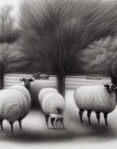 A black and white drawing of sheep in the farm with trees