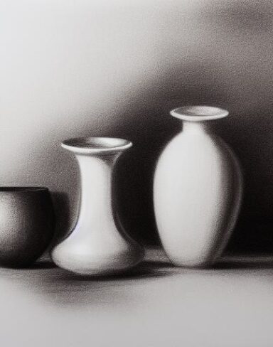 A black and white drawing of vases and a bottle