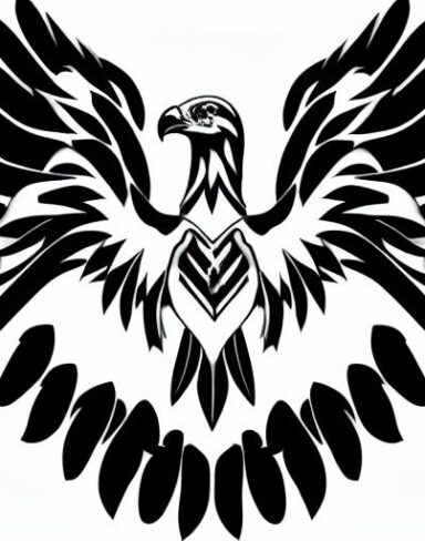 A black and white eagle tattoo on a white background