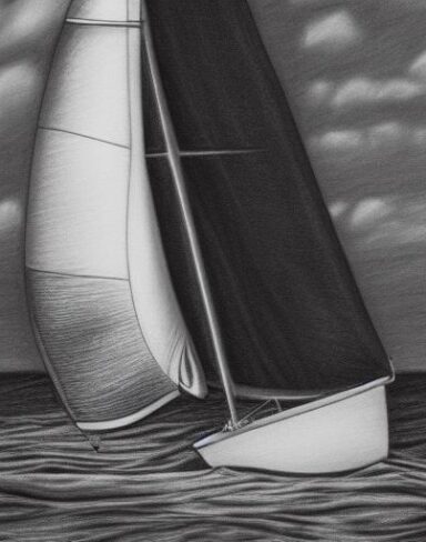 A black and white pencil drawing of a sailboat in the water