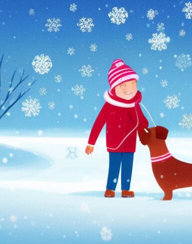 A boy standing next to a dog in the snow during winter