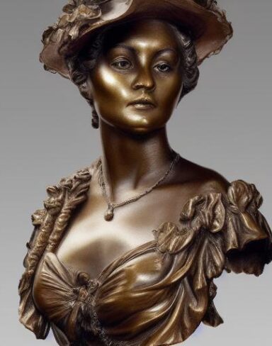 A bronze busturine of a beautiful woman wearing with a hat