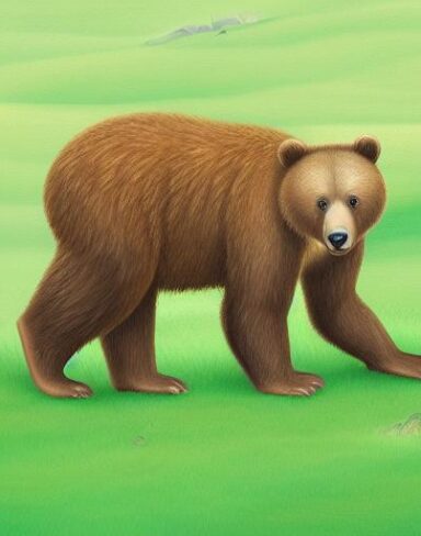 A brown bear sitting on a lush green field