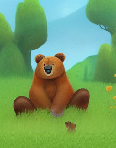 A brown bear sitting on a lush green land