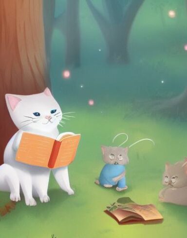 A cartoon cat reading a book in the woods