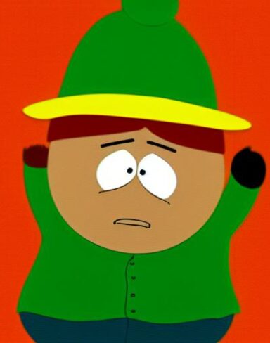 A cartoon character in an orange shirt and green hat
