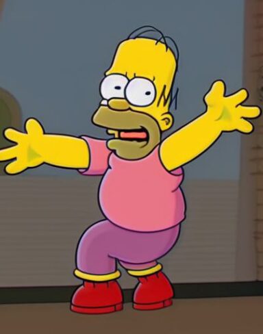 A cartoon character with his arms in the air