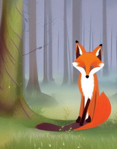 A cartoon fox sitting in the forest