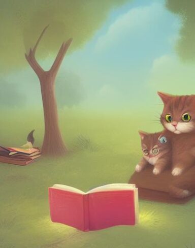 A cat with a book in the woods