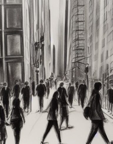 A charcoal painting of people walking down a street