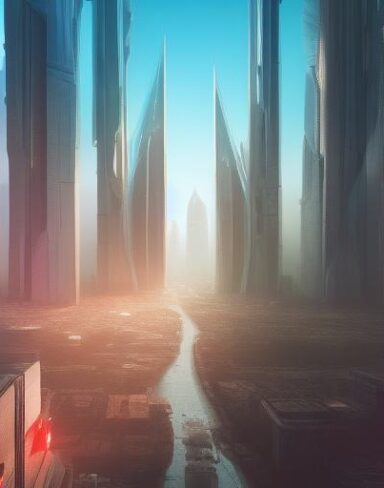 A city filled with lots of tall futuristic buildings