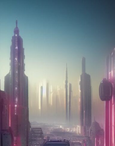 A city with humans and lots of tall buildings