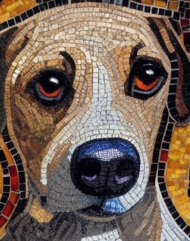 A close up of a mosaic of a dog