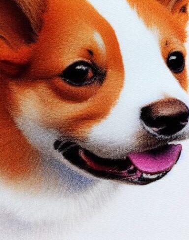 A close up of a painting of a corgi dog with white background