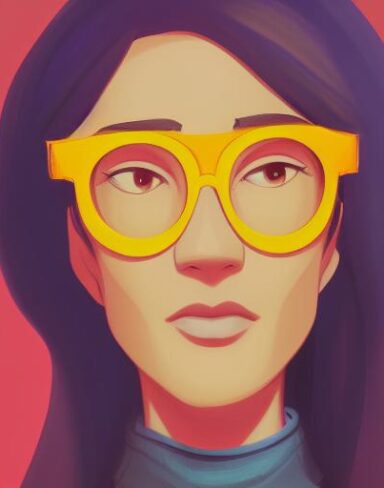 A close up of a person wearing a yellow glasses