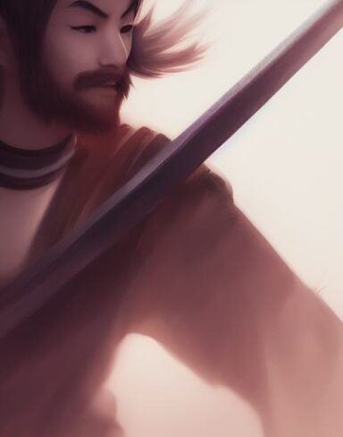 A close up of a person with a sword